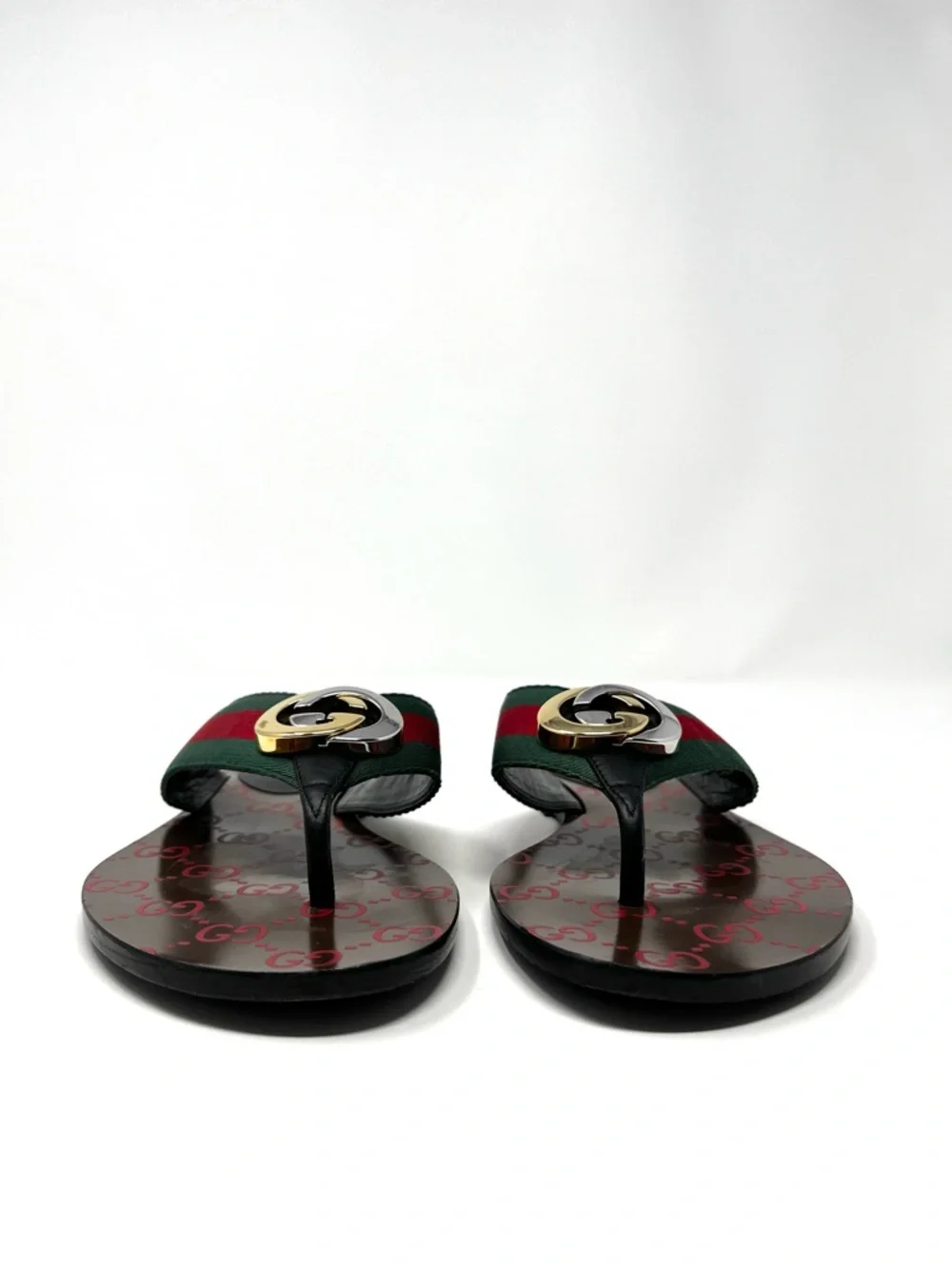 Gucci Kika Interlocking GG Logo Thong Sandals Flip Flops Flat Gold Silver 36.5 - Picture 5 of 11